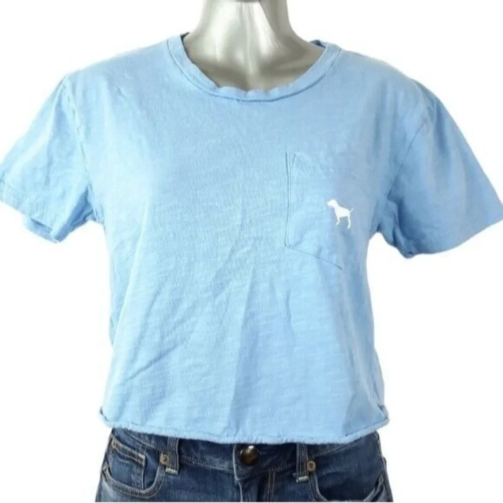 PINK Victoria's Secret Light Blue White Dog Logo Pocket Crop Top Tee Size XS
